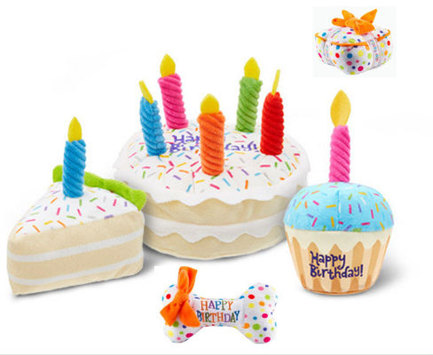 Stuffed Plush Dog Happy Birthday Cake Abs 110g Pet Squeaky Toys With Candles