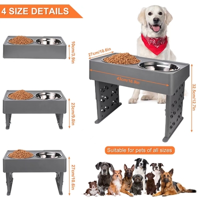 Collapsible Double Elevated Dog Water Bowl Adjustable Stainless Steel