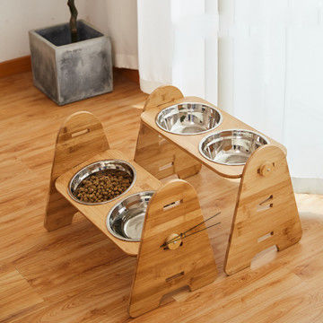 Durable Bamboo Adjustable Raised Dog Bowls For Large Dogs