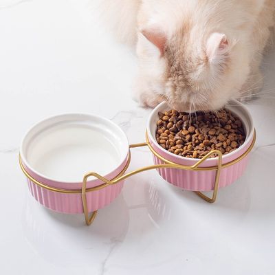 Ceramic Double Bowl Water Bowl High Foot Cat Food Bowl Drinking Bowl Pet Bowl Oblique Mouth Food Bowl Supplies