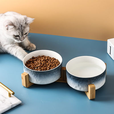 Ceramic Dog Bowl Non Slip Wood Stand For Small Medium Pet
