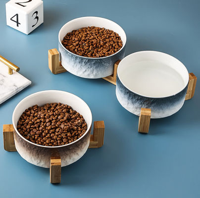 Ceramic Dog Bowl Non Slip Wood Stand For Small Medium Pet