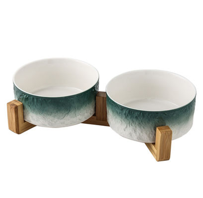 Ceramic Dog Bowl Non Slip Wood Stand For Small Medium Pet