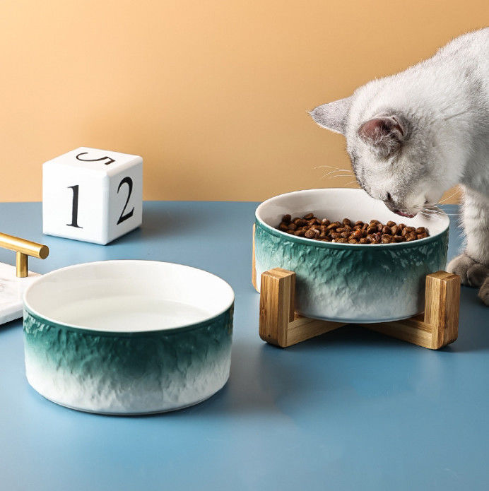 Ceramic Dog Bowl Non Slip Wood Stand For Small Medium Pet